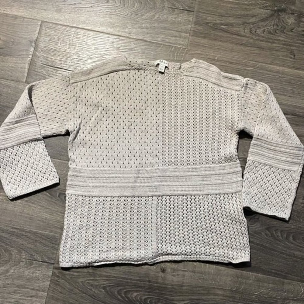 Style & Co Womens Patchwork Stitch Crocheted Sweater Tan Size Small